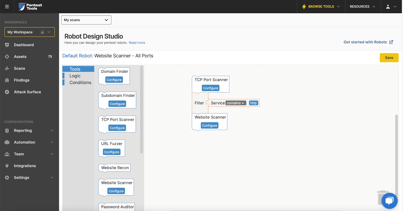 A screen capture of the Pentest-Tools.com RPA feature called Pentest Robots