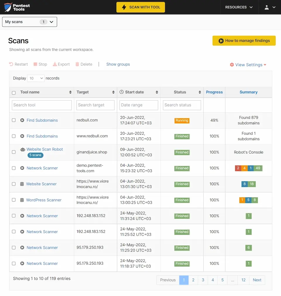 The Scans dashboard you can find in the premium version of Pentest-Tools.com