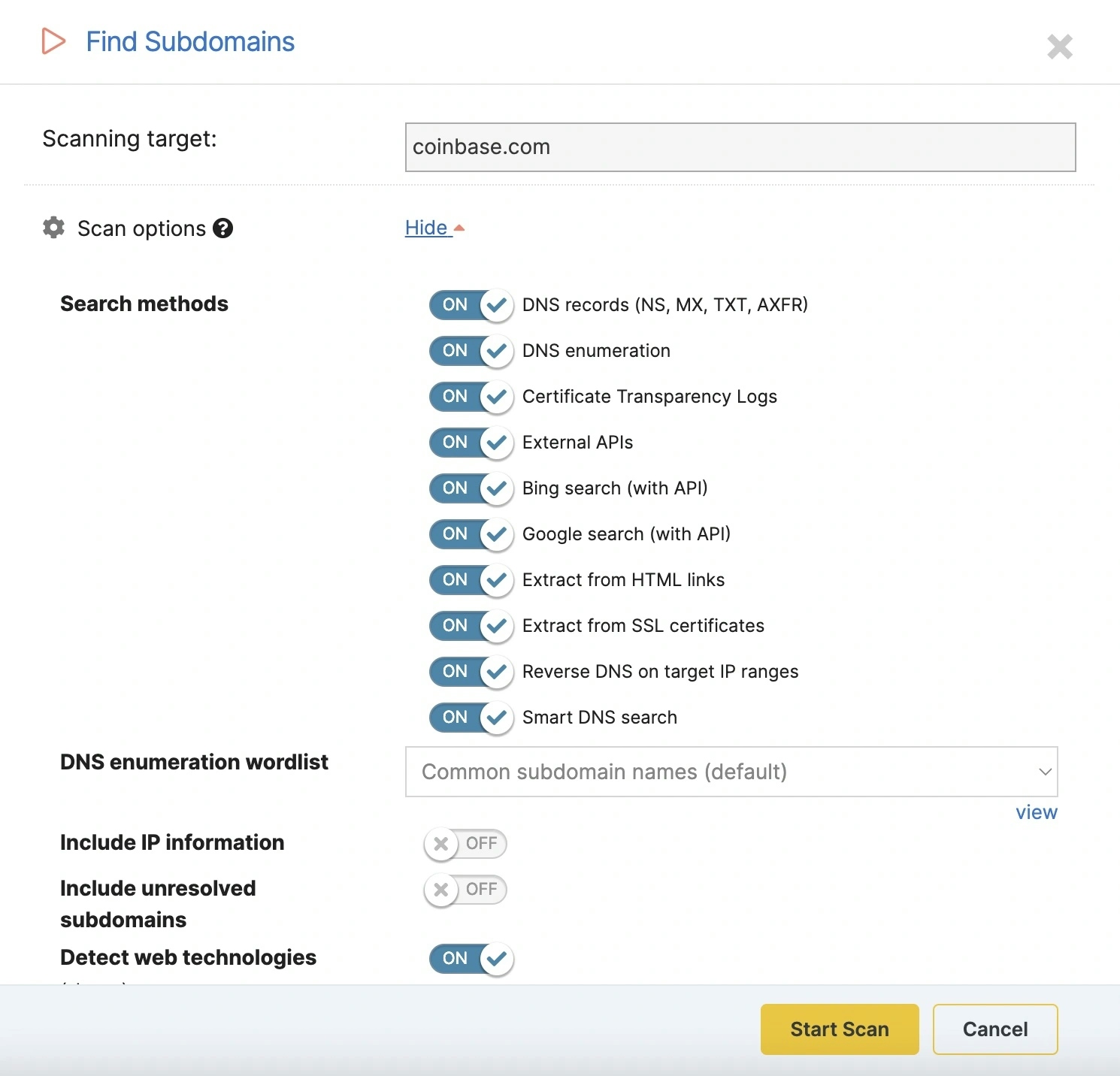 The Subdomain Finder dialog in the logged in area of Pentest-Tools.com