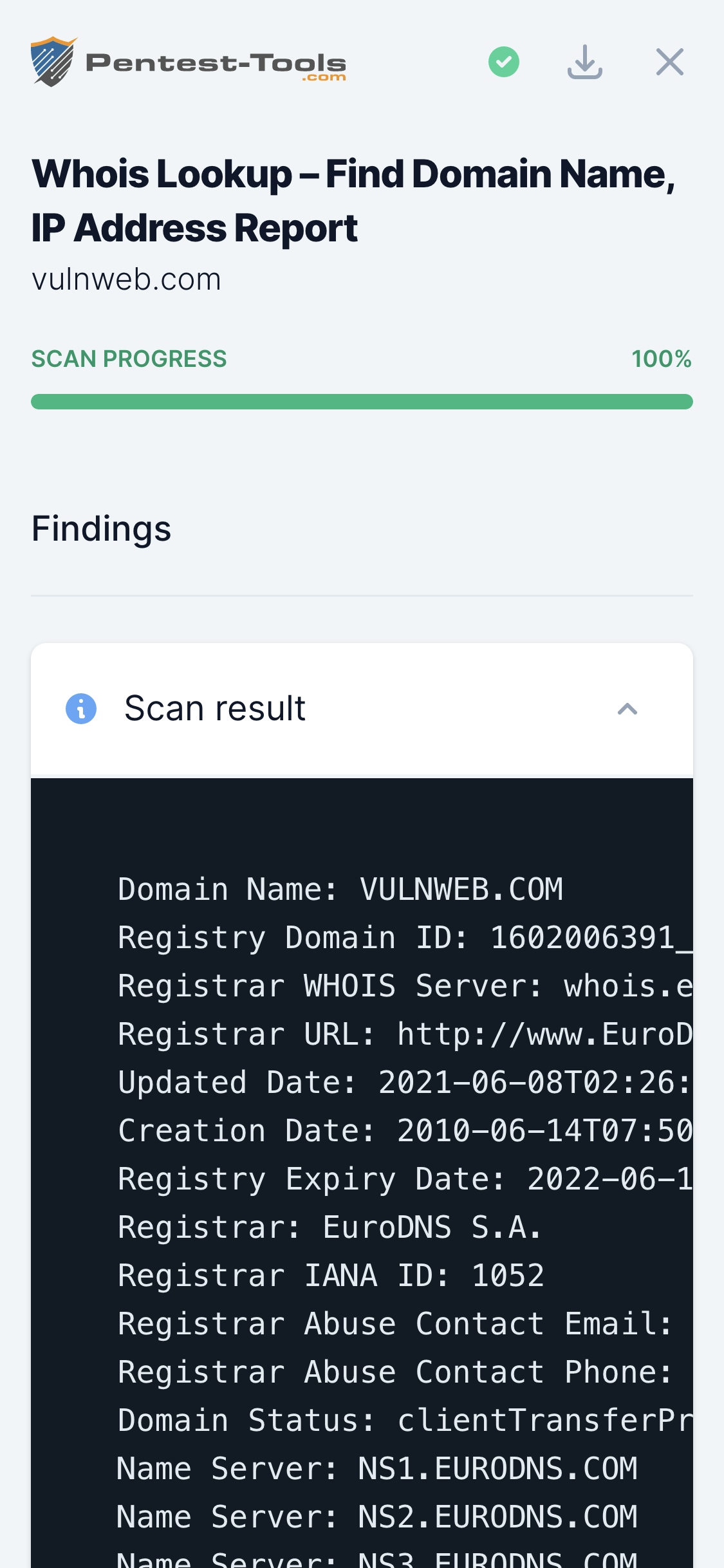 Pentest-Tools.com Whois Lookup Sample Report