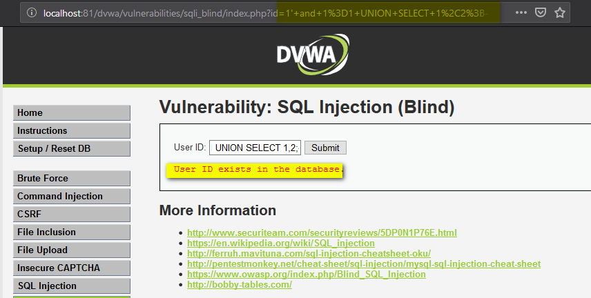 SQL Injection user id exists in the database